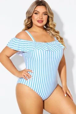 Blue & White Striped Off The Shoulder One Piece Swimsuit -Maraluxe Swimwear Shop b deop263002 6