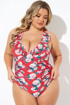 Coral Floral Wireless Ruffle One Piece Swimsuit -Maraluxe Swimwear Shop b deop269001 4