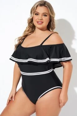 Black And White Off Shoulder Ruffles One Piece Swimsuit 11 Black And White Off Shoulder Ruffles One Piece Swimsuit -Maraluxe Swimwear Shop b deop272001 1 1