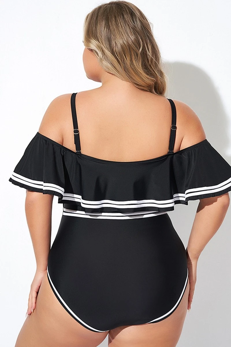 Black And White Off Shoulder Ruffles One Piece Swimsuit 4 Black And White Off Shoulder Ruffles One Piece Swimsuit - Image 2