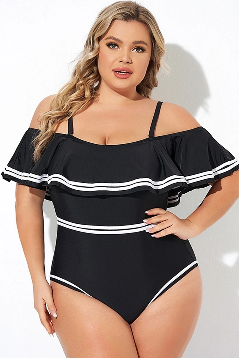 Black And White Off Shoulder Ruffles One Piece Swimsuit 5 Black And White Off Shoulder Ruffles One Piece Swimsuit - Image 3
