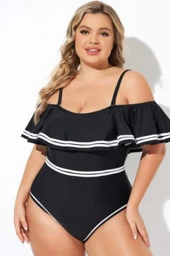 Black And White Off Shoulder Ruffles One Piece Swimsuit