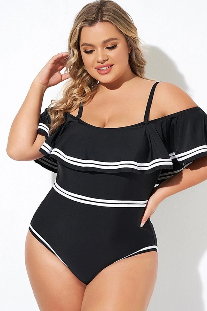 Black And White Off Shoulder Ruffles One Piece Swimsuit 7 Black And White Off Shoulder Ruffles One Piece Swimsuit - Image 5