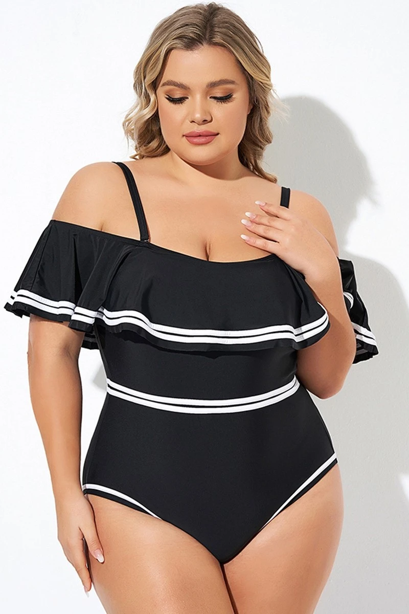 Black And White Off Shoulder Ruffles One Piece Swimsuit 8 Black And White Off Shoulder Ruffles One Piece Swimsuit - Image 6