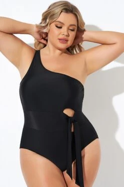 Black One Shoulder Tie One Piece Swimsuit -Maraluxe Swimwear Shop b deop277001 3
