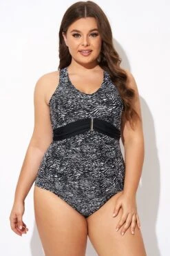 Black & White Zebra Print Ruched Front One Piece Swimsuit -Maraluxe Swimwear Shop b deop278001 3