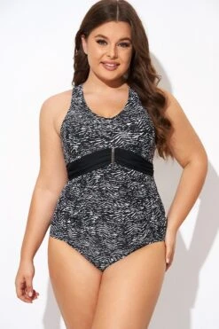 Black & White Zebra Print Ruched Front One Piece Swimsuit -Maraluxe Swimwear Shop b deop278001 4