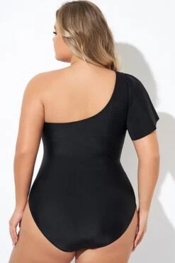 Black Flutter Sleeve One Shoulder One Piece Swimsuit -Maraluxe Swimwear Shop b deop283001 2