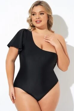 Black Flutter Sleeve One Shoulder One Piece Swimsuit -Maraluxe Swimwear Shop b deop283001 4
