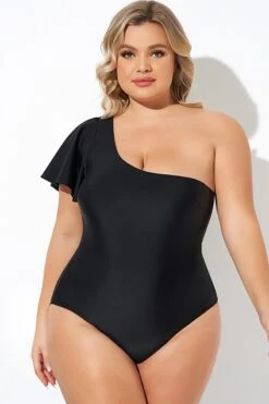 Black Flutter Sleeve One Shoulder One Piece Swimsuit -Maraluxe Swimwear Shop b deop283001 5