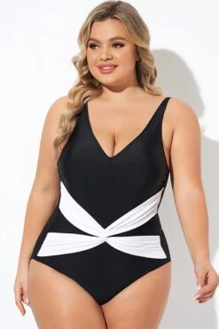 Black And White Twist Front One Piece Swimsuit -Maraluxe Swimwear Shop b deop285001 3