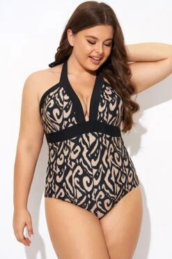 Deep V Neck Pattern Halterneck One Piece Swimsuit -Maraluxe Swimwear Shop b deop287001 4