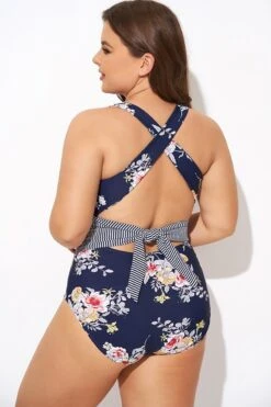 Flower Stripes Scoop Neck Cross Back One Piece Swimsuit 9 Flower Stripes Scoop Neck Cross Back One Piece Swimsuit -Maraluxe Swimwear Shop b deop288001 2