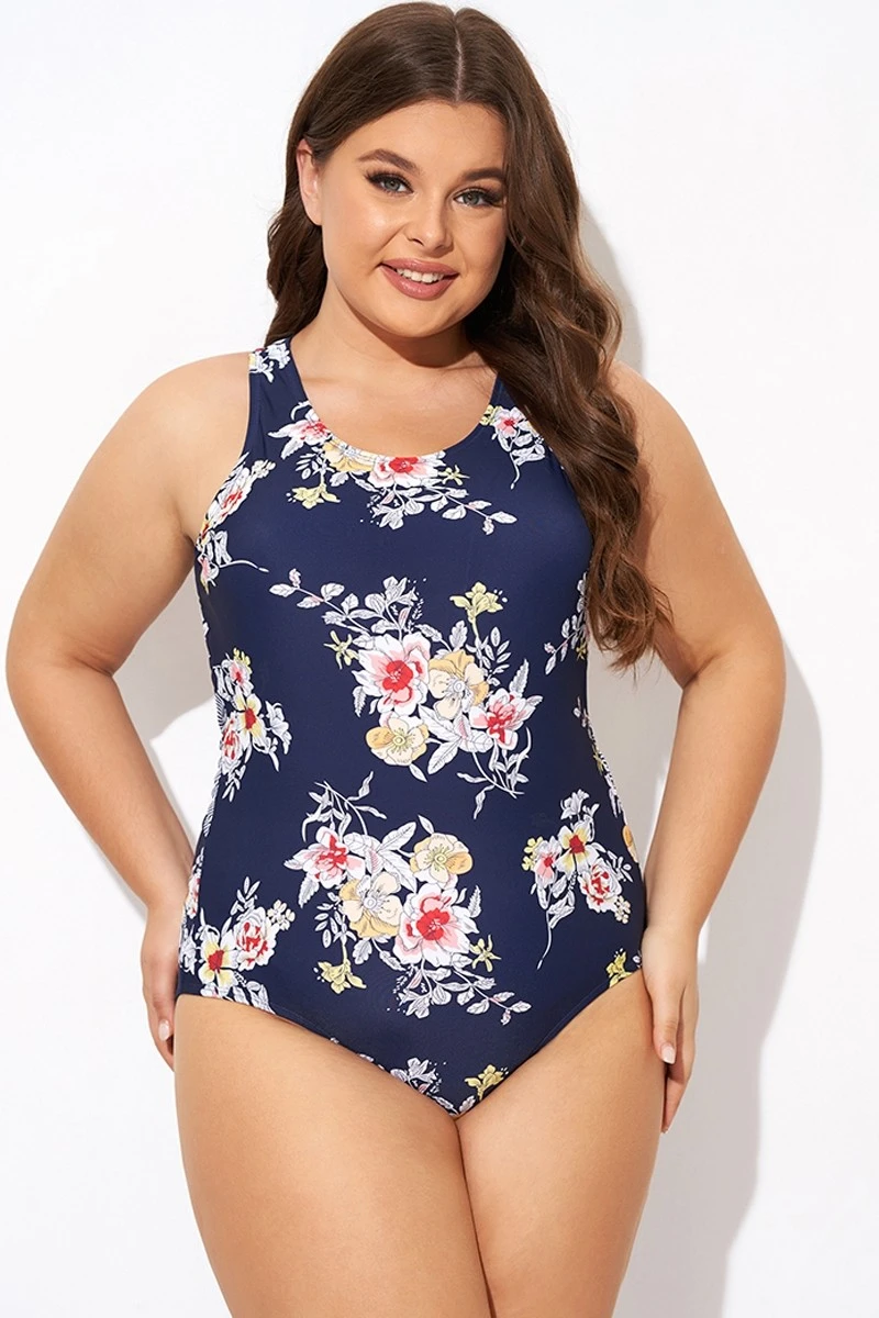 Flower Stripes Scoop Neck Cross Back One Piece Swimsuit 3 Flower Stripes Scoop Neck Cross Back One Piece Swimsuit