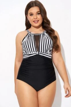 Stripe High Neck Mesh Ruched One Piece Swimsuit -Maraluxe Swimwear Shop b deop295001 1