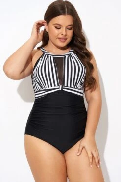 Stripe High Neck Mesh Ruched One Piece Swimsuit -Maraluxe Swimwear Shop b deop295001 4
