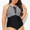 Stripe High Neck Mesh Ruched One Piece Swimsuit -Maraluxe Swimwear Shop b deop295001 5