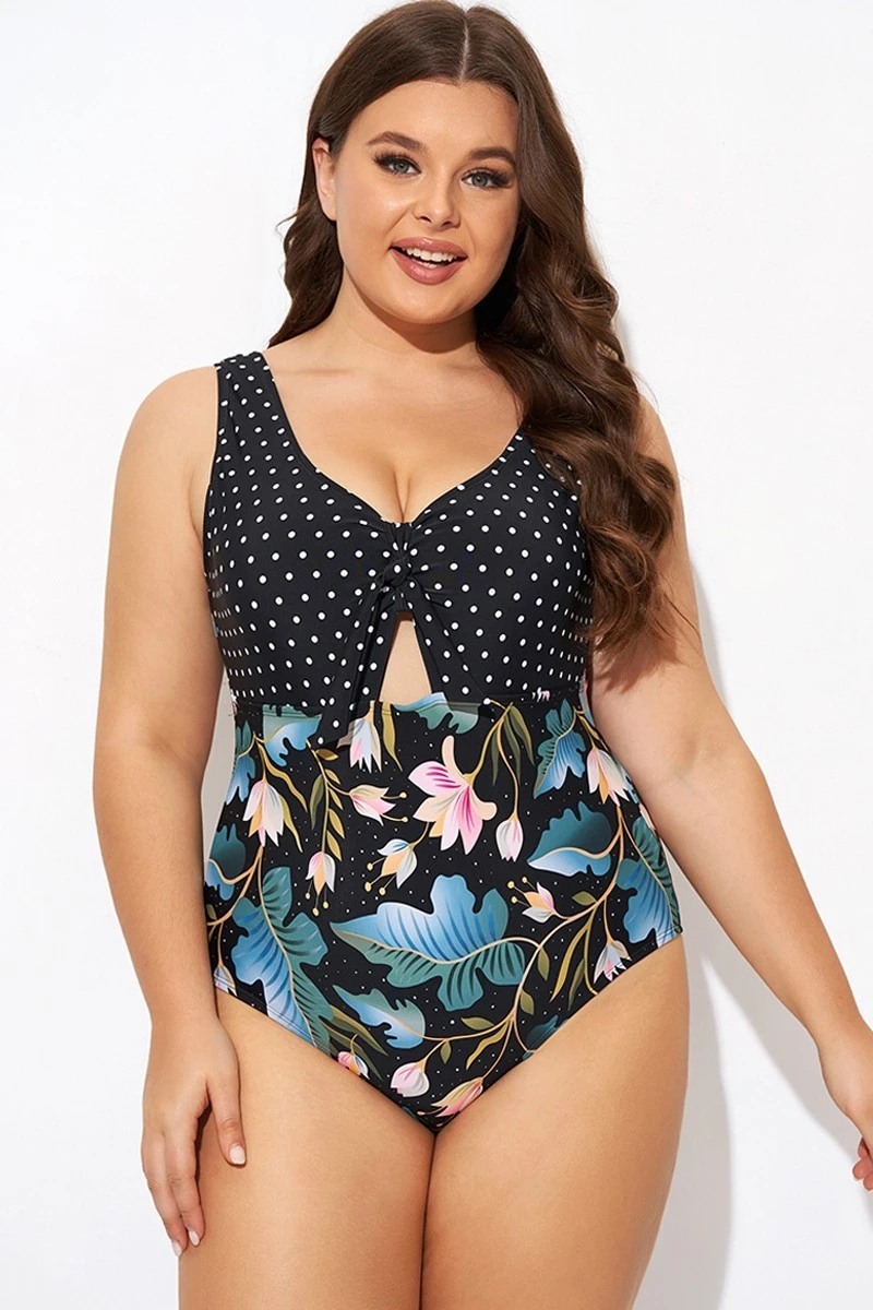 Crewneck Flower Print Polka Dots Knot One Piece Swimsuit 3 Crewneck Flower Print Polka Dots Knot One Piece Swimsuit
