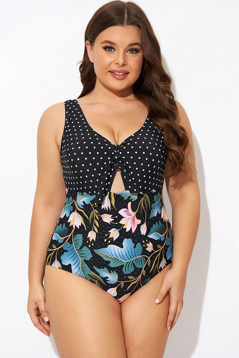 Crewneck Flower Print Polka Dots Knot One Piece Swimsuit 5 Crewneck Flower Print Polka Dots Knot One Piece Swimsuit - Image 3