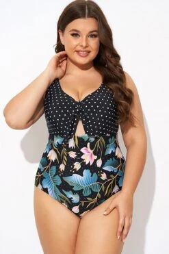 Crewneck Flower Print Polka Dots Knot One Piece Swimsuit 11 Crewneck Flower Print Polka Dots Knot One Piece Swimsuit -Maraluxe Swimwear Shop b deop297001 4