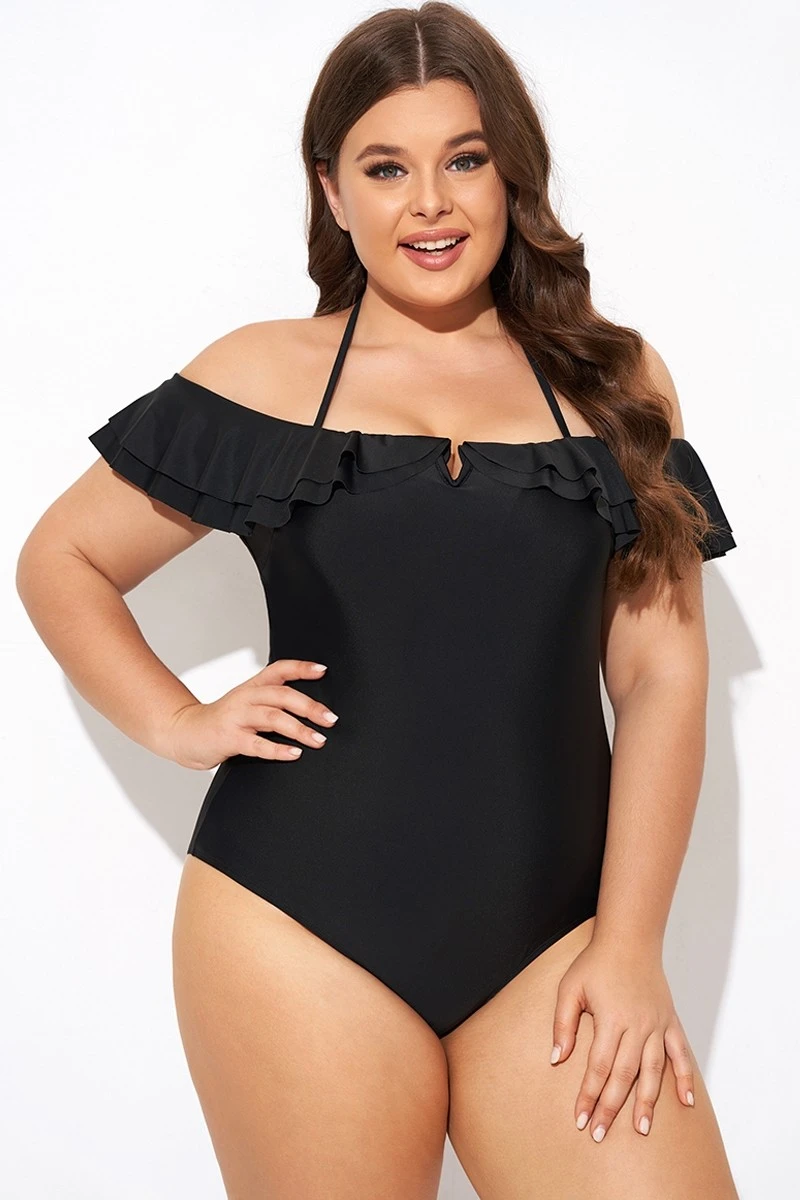 Black Flounce Off The Shoulder Ruffle One Piece Swimsuit 3 Black Flounce Off The Shoulder Ruffle One Piece Swimsuit