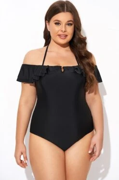 Black Flounce Off The Shoulder Ruffle One Piece Swimsuit 10 Black Flounce Off The Shoulder Ruffle One Piece Swimsuit -Maraluxe Swimwear Shop b deop298001 3