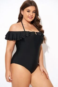 Black Flounce Off The Shoulder Ruffle One Piece Swimsuit 13 Black Flounce Off The Shoulder Ruffle One Piece Swimsuit -Maraluxe Swimwear Shop b deop298001 6