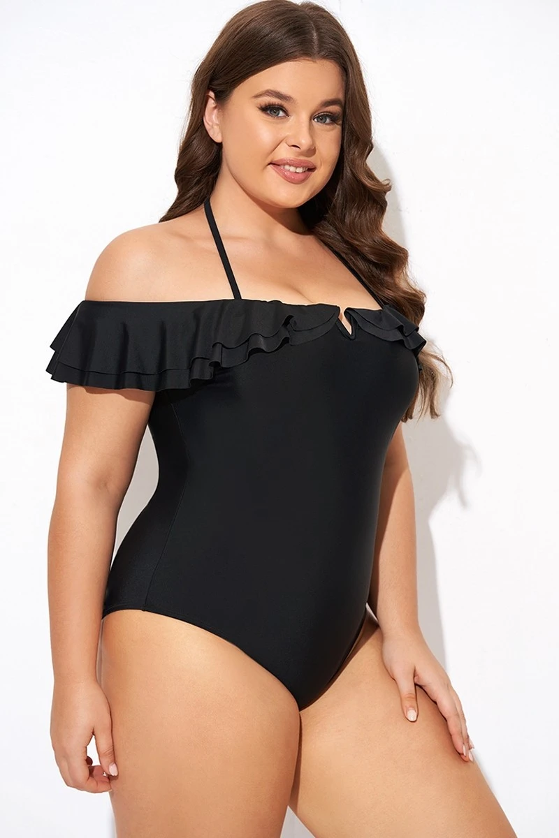 Black Flounce Off The Shoulder Ruffle One Piece Swimsuit 8 Black Flounce Off The Shoulder Ruffle One Piece Swimsuit - Image 6