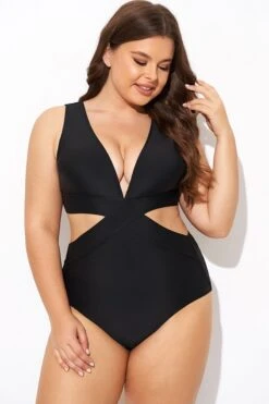 Black Cut Out Plunge Back Hook One Piece Swimsuit -Maraluxe Swimwear Shop b deop299001 3