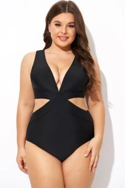 Black Cut Out Plunge Back Hook One Piece Swimsuit -Maraluxe Swimwear Shop b deop299001 4