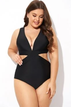 Black Cut Out Plunge Back Hook One Piece Swimsuit -Maraluxe Swimwear Shop b deop299001 5