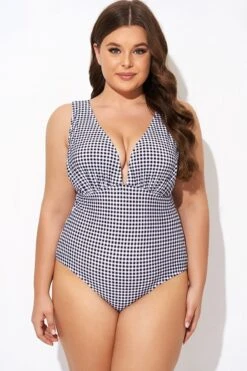 Gingham V-neck Low-cut Leg One Piece Swimsuit -Maraluxe Swimwear Shop b deop301001 3