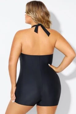 Black Ruched Panel Halter Women One Piece Swimsuit -Maraluxe Swimwear Shop b deop303001 2