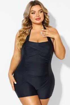 Black Ruched Panel Halter Women One Piece Swimsuit -Maraluxe Swimwear Shop b deop303001 3