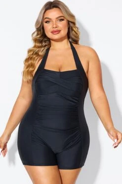 Black Ruched Panel Halter Women One Piece Swimsuit -Maraluxe Swimwear Shop b deop303001 4