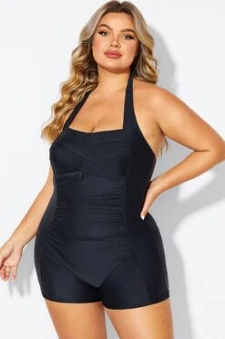 Black Ruched Panel Halter Women One Piece Swimsuit -Maraluxe Swimwear Shop b deop303001 5