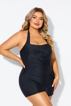 Black Ruched Panel Halter Women One Piece Swimsuit -Maraluxe Swimwear Shop b deop303001 6