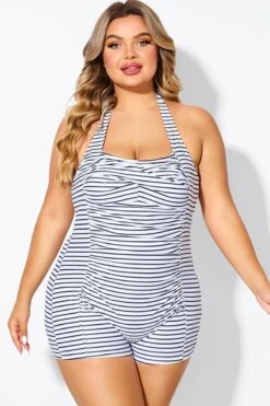 Striped Ruched Panel Halter Women One Piece Swimsuit -Maraluxe Swimwear Shop b deop303002 1