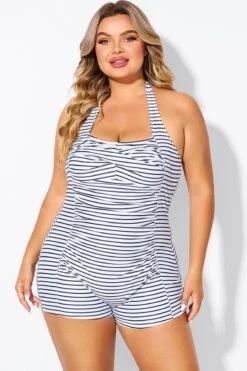 Striped Ruched Panel Halter Women One Piece Swimsuit