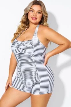 Striped Ruched Panel Halter Women One Piece Swimsuit -Maraluxe Swimwear Shop b deop303002 5