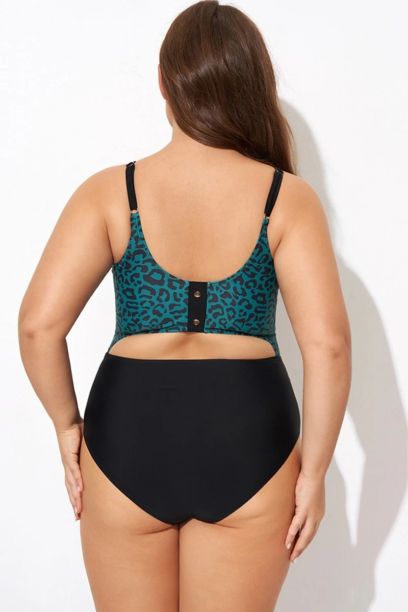 Green Leopard Print Back Cut Out One Piece Swimsuit 4 Green Leopard Print Back Cut Out One Piece Swimsuit - Image 2