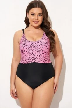 Pink Leopard Print Scoop Neck Front One Piece Swimsuit -Maraluxe Swimwear Shop b deop306002 3