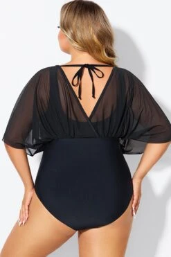 Solid Black Mesh Patchwork One Piece Swimsuit -Maraluxe Swimwear Shop b deop310001 2