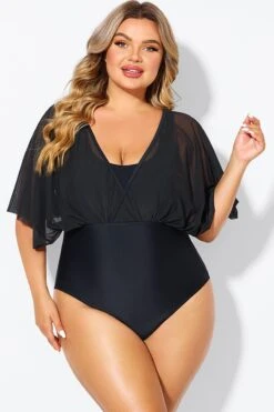 Solid Black Mesh Patchwork One Piece Swimsuit -Maraluxe Swimwear Shop b deop310001 3