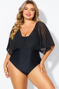 Solid Black Mesh Patchwork One Piece Swimsuit -Maraluxe Swimwear Shop b deop310001 4