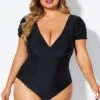 Black Wireless Puff Sleeves V-Neck One Piece Swimsuit -Maraluxe Swimwear Shop b deop311001 1