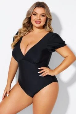 Black Wireless Puff Sleeves V-Neck One Piece Swimsuit -Maraluxe Swimwear Shop b deop311001 4