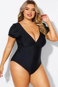 Black Wireless Puff Sleeves V-Neck One Piece Swimsuit -Maraluxe Swimwear Shop b deop311001 5