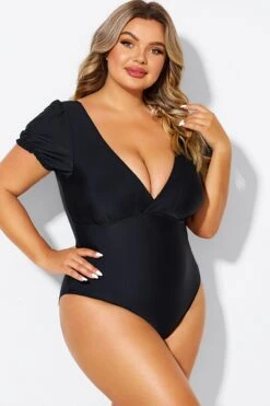Black Wireless Puff Sleeves V-Neck One Piece Swimsuit -Maraluxe Swimwear Shop b deop311001 6