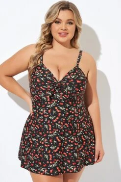 Cherry Printed Adjustable Straps V Neck Swimdress -Maraluxe Swimwear Shop b desd006009 3